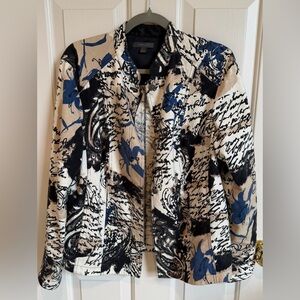 Amber Sun Women's Printed Jacket - Blue/Black/Cream Graphic/Floral. EUC